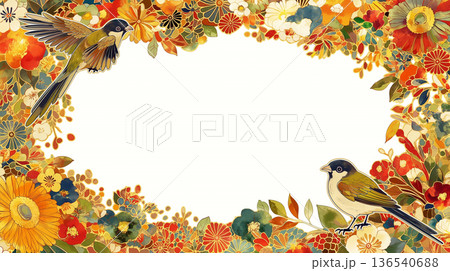 エレガントな花と野鳥が彩るアンティーク調フレーム背景 中央余白ありの装飾枠イラスト ボタニカル 136540688