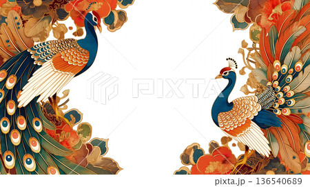 エレガントな花と野鳥が彩るアンティーク調フレーム背景 中央余白ありの装飾枠イラスト ボタニカル 136540689