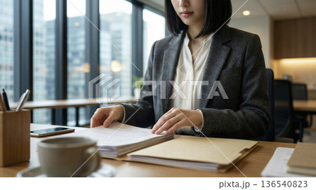 オフィスのデスクで書類の束を真剣に確認する日本人女性 136540823