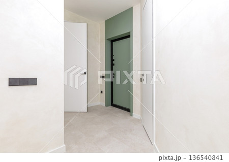 Modern Apartment Hallway with Sage Green Entrance and White Doors Modern Apartment Hallway with Sage Green Entrance and White Doors 136540841