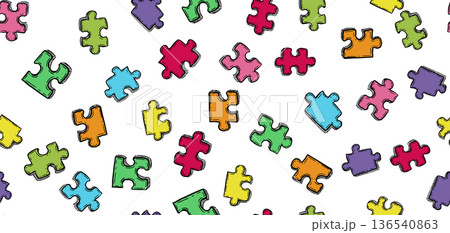 Simple seamless pattern with colorful separated jigsaw puzzles on white. Children board games concept, autism day. Simple seamless pattern with colorful separated jigsaw puzzles on white. Children board games concept, autism day. 136540863