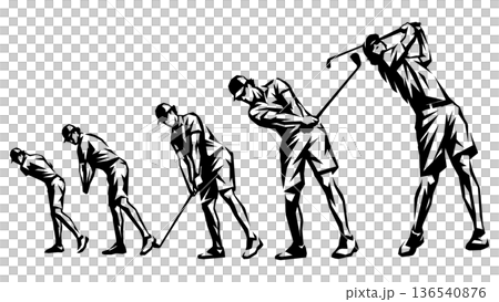 Golf swing: Polygon-like blocky continuous silhouette (vector material) Golf swing: Polygon-like blocky continuous silhouette (vector material) 136540876