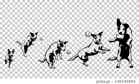 A continuous silhouette of a dog catching a ball. Polygon-like blocky design (vector material) 136540893