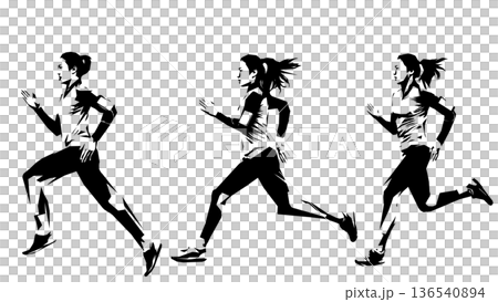 Continuous silhouette of a running runner - polygonal blocky design (vector material) 136540894