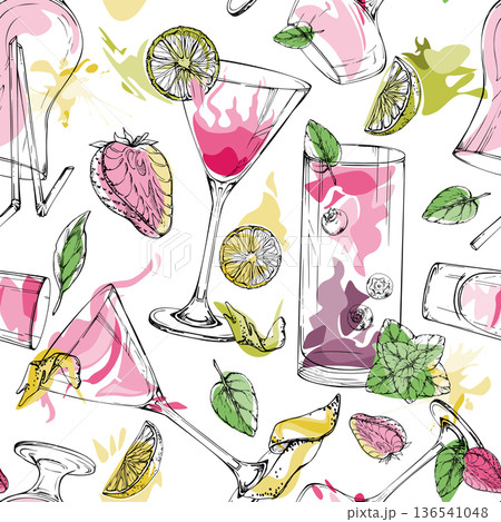 Pink cocktails, juice and lemonade, milkshake with berry, citrus peel and mint accents. Vector seamless pattern hand drawn in ink for textile, packaging, notebooks, background fill, seasonal graphics. 136541048