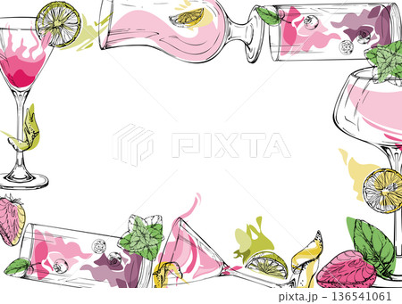 Vector frame of pink cocktails with berry accents and clean ink outlines, mint and citrus garnish. Hand drawn for romantic spreads, summer menu edges, event borders, packaging and lifestyle blogs. 136541061