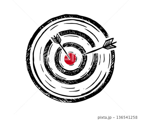 Drawing of an arrow pointing to a target. Hand drawn Drawing of an arrow pointing to a target. Hand drawn 136541258