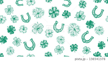 lover and horseshoe pattern on white. Patricks Day. Hand drawn illustrations	 136541378