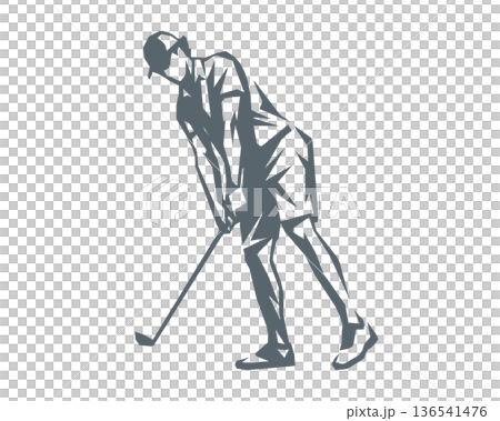 男性高爾夫球手揮桿的稜角多邊形剪影 136541476