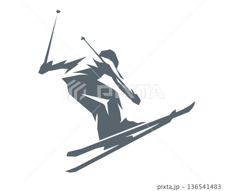 スキーを滑るスキーヤーのシルエット　角ばったポリゴンスタイル 136541483