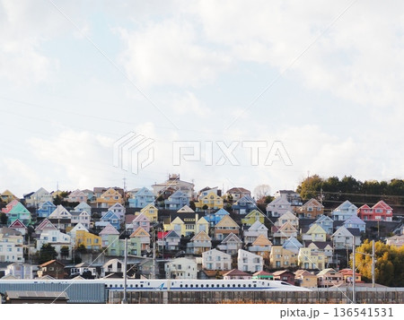 神奈川県　カラフルな住宅地と疾走する新幹線　1月 136541531