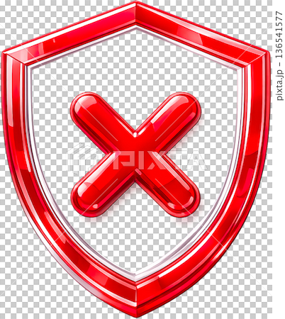 透明玻璃質感 3D 盾牌圖示（十字標記）安全、拒絕、錯誤、保護符號 136541577