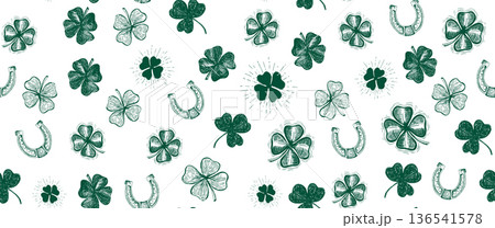 Clover and horseshoe pattern on white. Patricks Day. Hand drawn illustrations	 136541578