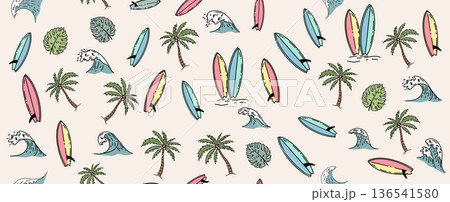 Hello Summer, pattern with surfboard, palm tree and wave, hand drawn illustration. Hello Summer, pattern with surfboard, palm tree and wave, hand drawn illustration. 136541580