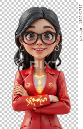 A resilient female leader in a red jacket, surrounded by glowing financial symbols and digital market trends, representing her ability 136541737