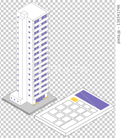 Illustration material depicting asset value assessment and sales appraisal of an isometric tower apartment and a calculator 136541746