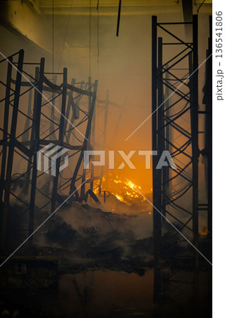 Burnt warehouse. Consequences of the fire. Burnt warehouse. Consequences of the fire. 136541806