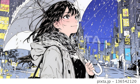 雨の日に傘をさして歩く若い女性