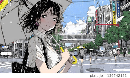雨の日に傘をさして歩く若い女性