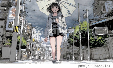 雨の日に傘をさして歩く若い女性