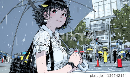 雨の日に傘をさして歩く若い女性