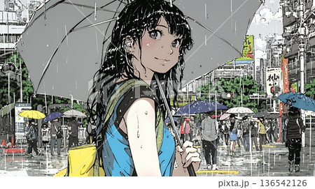 雨の日に傘をさして歩く若い女性
