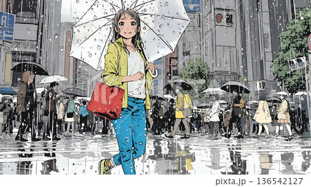 雨の日に傘をさして歩く若い女性