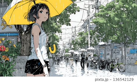 雨の日に傘をさして歩く若い女性