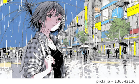 雨の日に傘をさして歩く若い女性