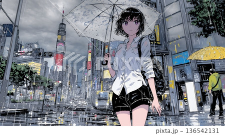 雨の日に傘をさして歩く若い女性