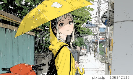 雨の日に傘をさして歩く若い女性