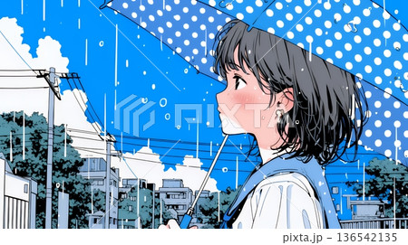 雨の日に傘をさして歩く若い女性