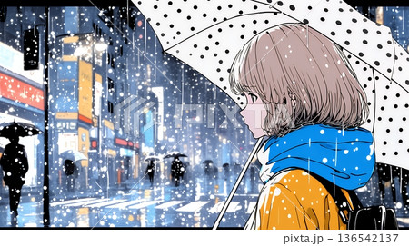 雨の日に傘をさして歩く若い女性