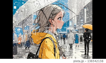雨の日に傘をさして歩く若い女性