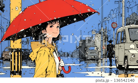 雨の日に傘をさして歩く若い女性