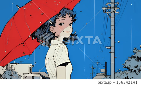 雨の日に傘をさして歩く若い女性