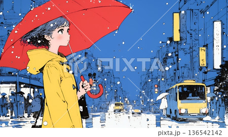 雨の日に傘をさして歩く若い女性
