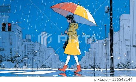 雨の日に傘をさして歩く若い女性