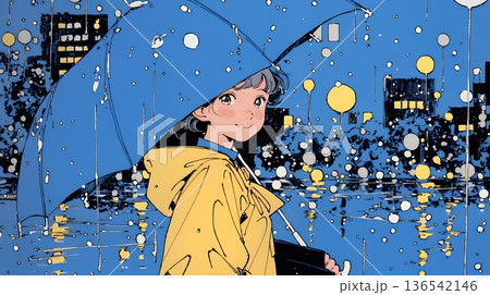 雨の日に傘をさして歩く若い女性