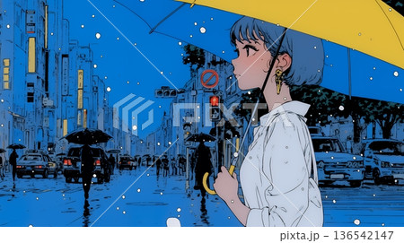 雨の日に傘をさして歩く若い女性