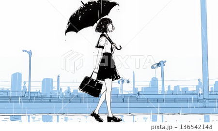 雨の日に傘をさして歩く若い女性（シンプルな色使い）