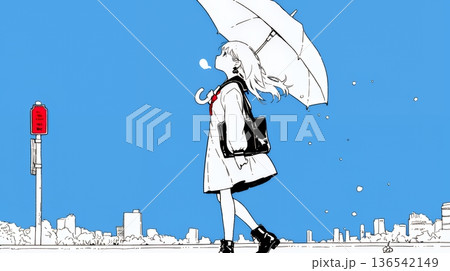 雨の日に傘をさして歩く若い女性（シンプルな色使い）