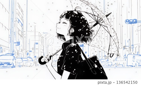 雨の日に傘をさして歩く若い女性（シンプルな色使い）