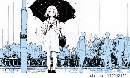 雨の日に傘をさして歩く若い女性（シンプルな色使い）