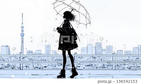 雨の日に傘をさして歩く若い女性（シンプルな色使い）