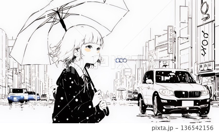 雨の日に傘をさして歩く若い女性（シンプルな色使い）