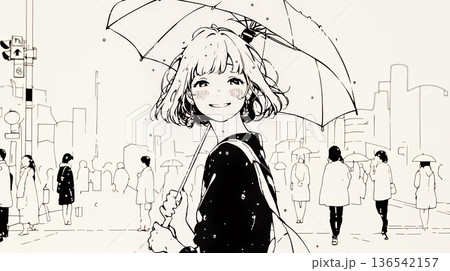 雨の日に傘をさして歩く若い女性（シンプルな色使い）