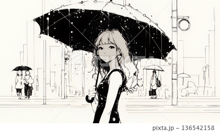 雨の日に傘をさして歩く若い女性（シンプルな色使い）