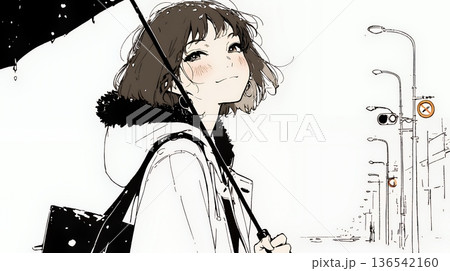 雨の日に傘をさして歩く若い女性（シンプルな色使い）