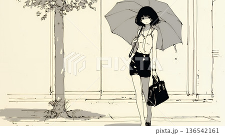 雨の日に傘をさして歩く若い女性（シンプルな色使い）